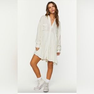 NWT Forever 21 Long Sleeve Mini Woven Shirt Dress Size Medium Ivory Button front
